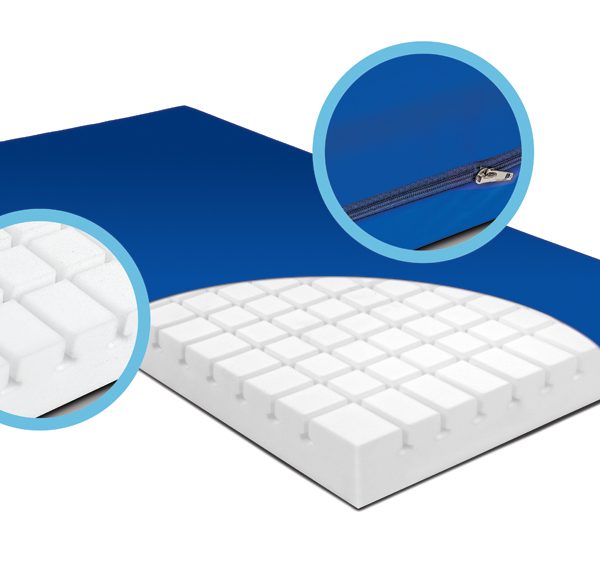 Materac przeciwodleżynowy REHA+ MEDiCO – przekrój pianki i wodoodpornego pokrowca.