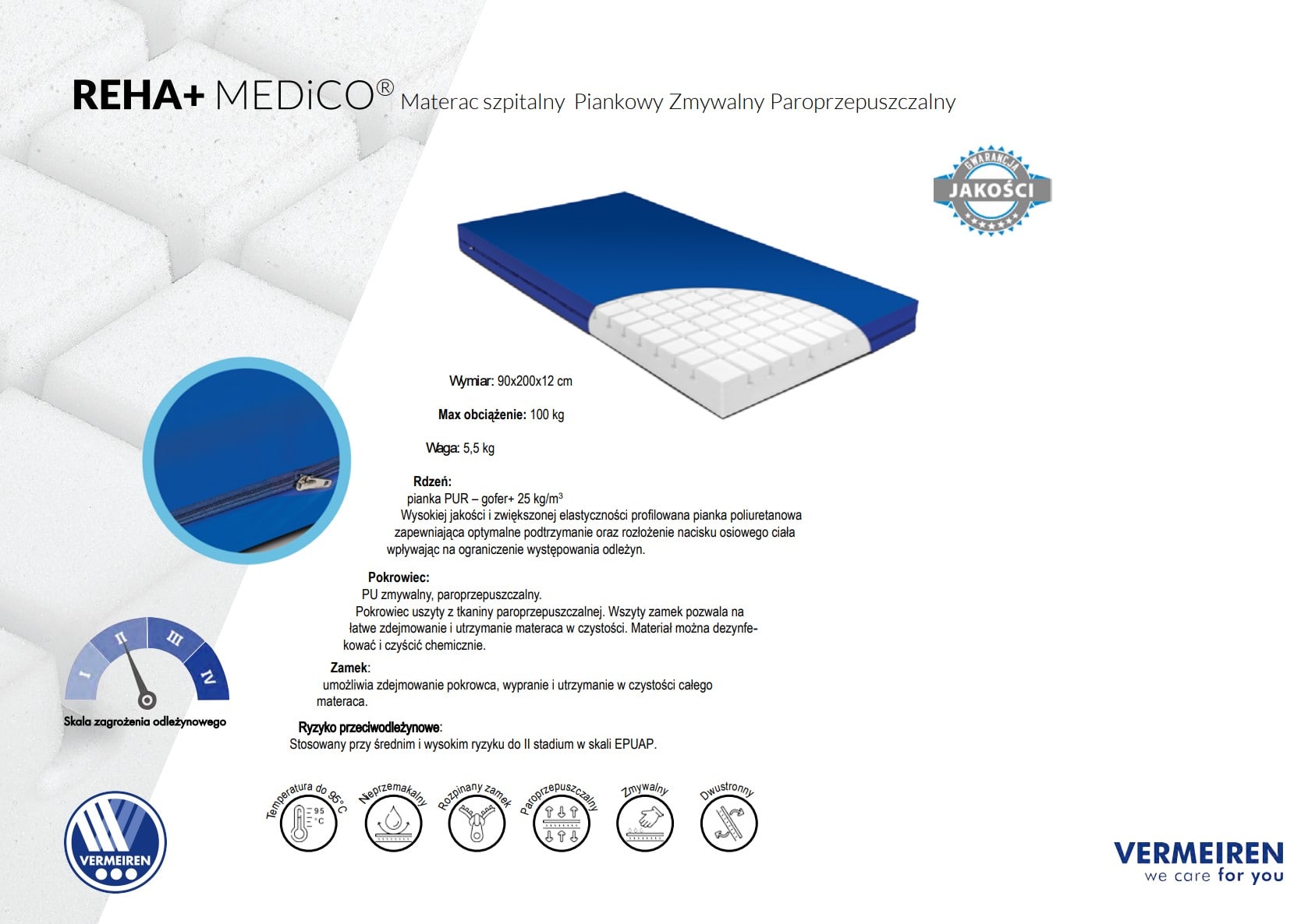Specyfikacja techniczna materaca przeciwodleżynowego REHA+ MEDiCO – wymiary, waga i właściwości.