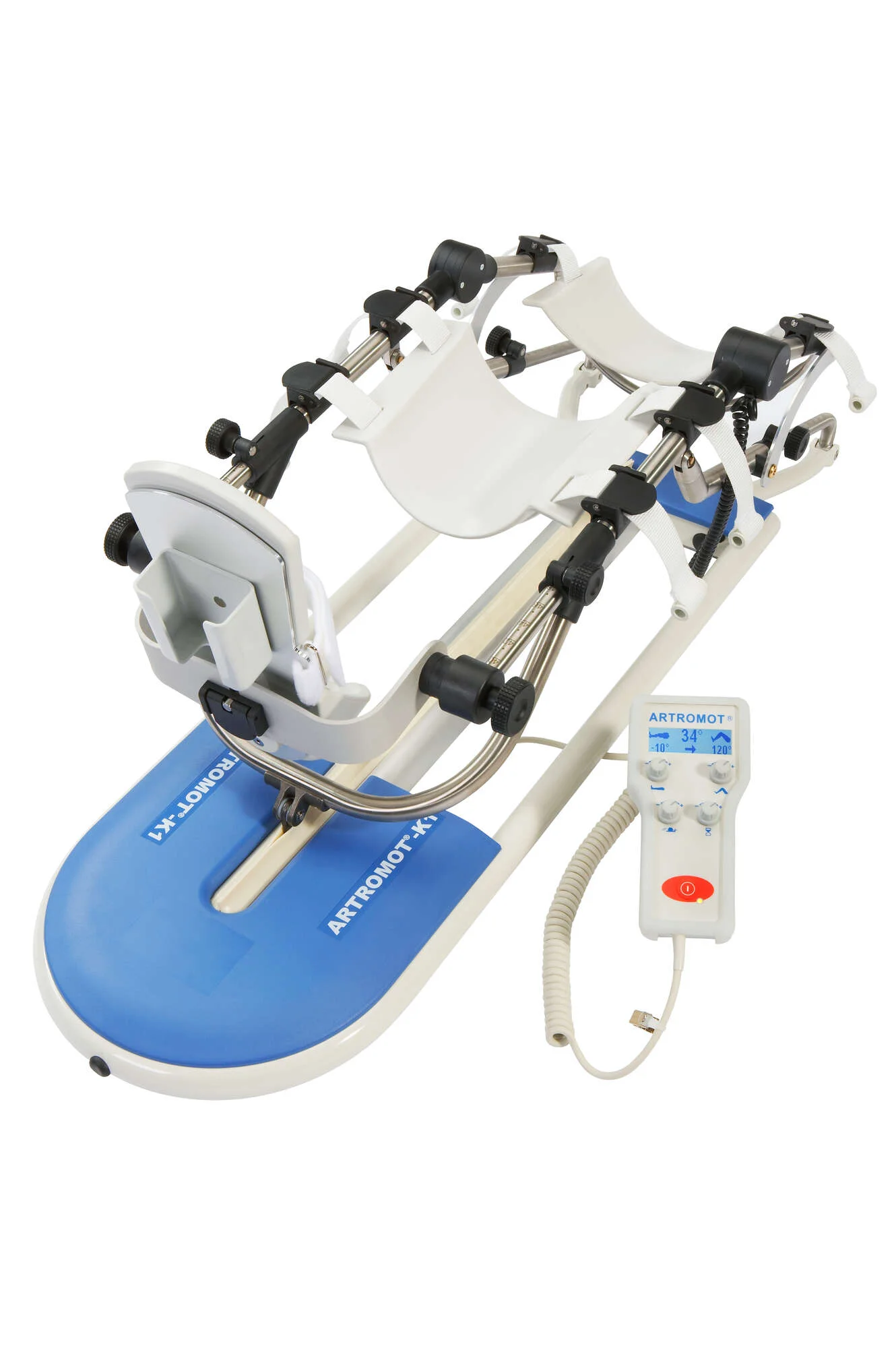 Szyna CPM Artromot K1 z pilotem do rehabilitacji kolana.