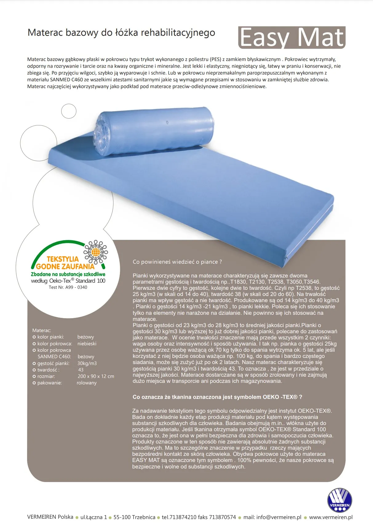 Materac EASY-MAT – karta informacyjna z certyfikatem OEKO-TEX i szczegółami dotyczącymi pokrowca