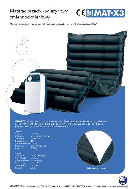 Ulotka informacyjna materaca przeciwodleżynowego Vermeiren MAT-X3 z pompą