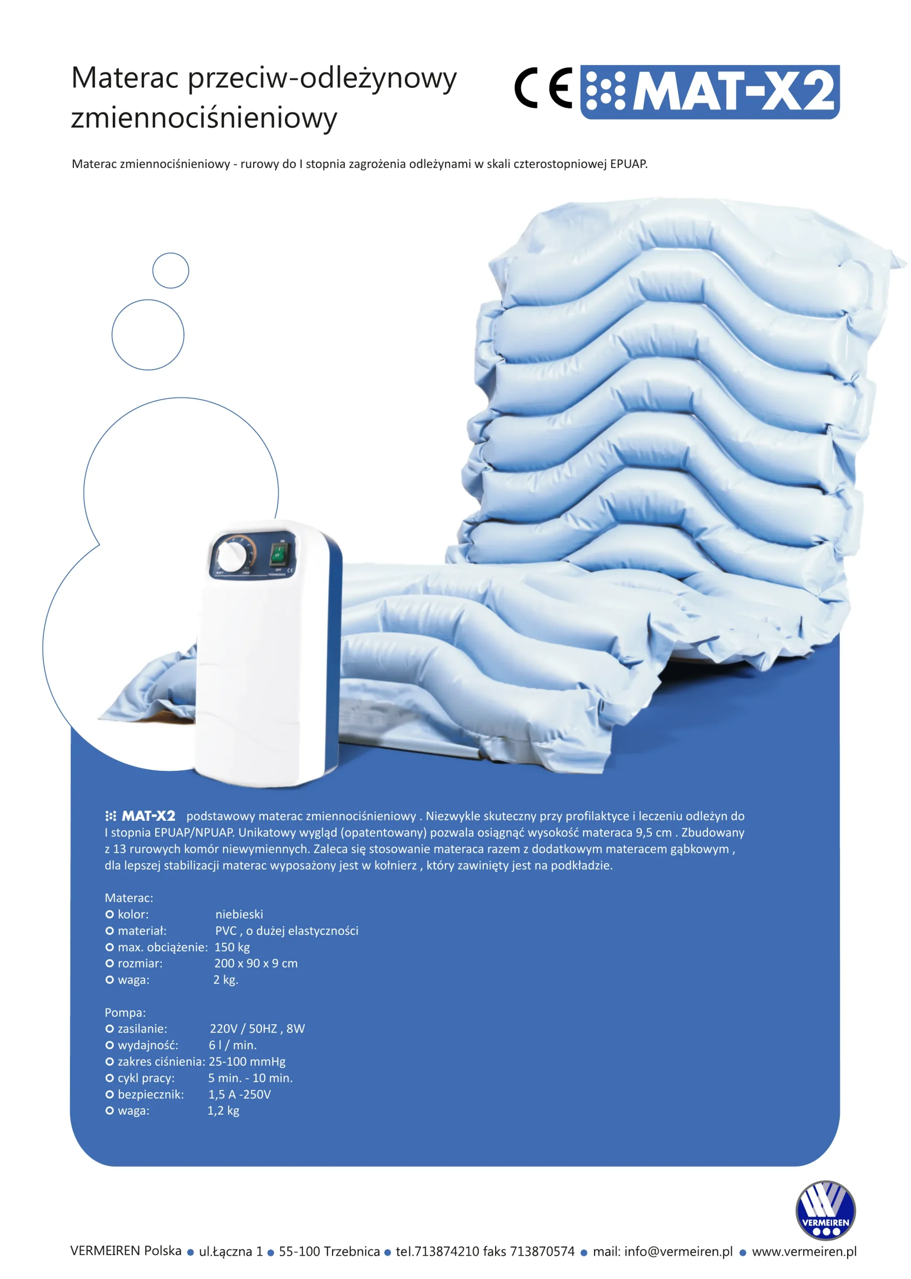 Karta katalogowa materaca przeciwodleżynowego Vermeiren MAT-X2
