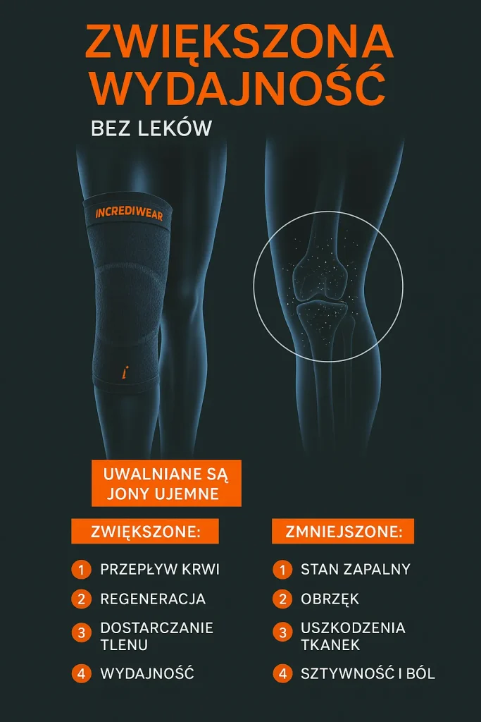 Reklama opaski na kolano Incrediwear z opisem korzyści zdrowotnych bez użycia leków